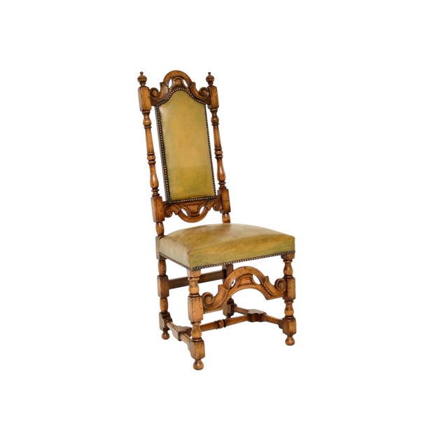 Antique Leather and Oak Side Chair, 1920s For Sale