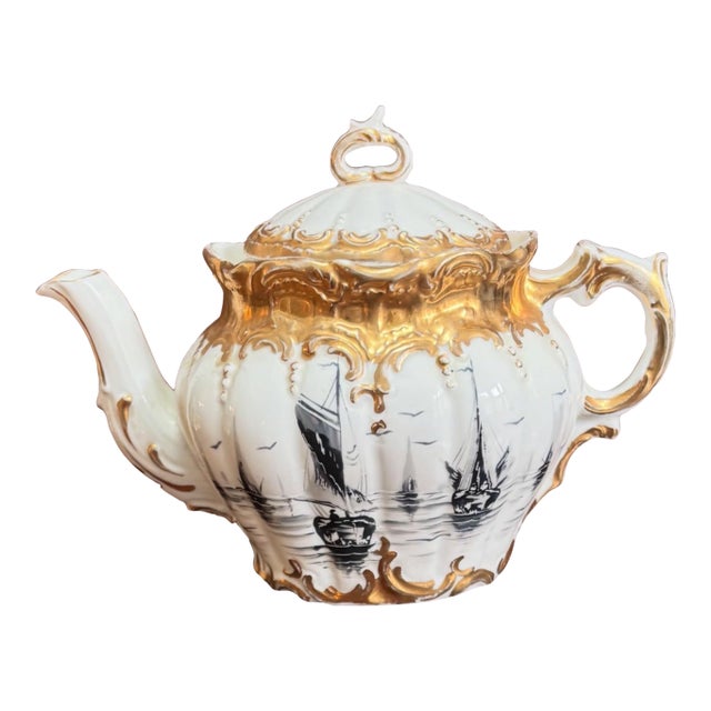 Rare Antique Ornate French Porcelain Nautical 5” Mellon Shaped Teapot With Heavy Gold Gilt For Sale
