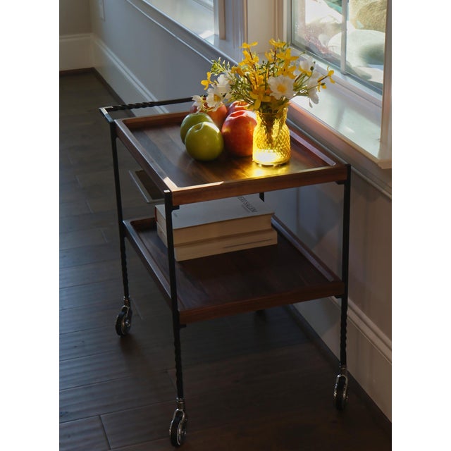 Walnut Bar Cart With Locking Casters, Two Tier Rolling Serving Cart, Wooden Mobile Coffee Station For Sale In Raleigh - Image 6 of 12