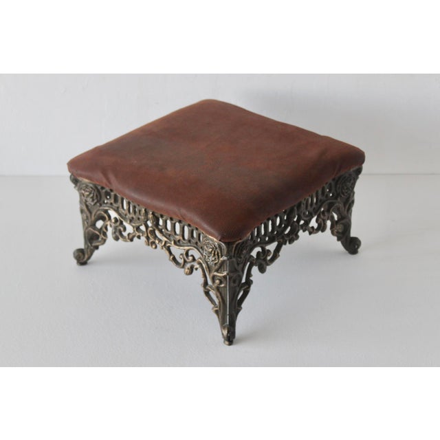 Large Vintage Victorian Style Cast Iron Bronze Finish Footstool Padded Faux Croc Fabric Top For Sale - Image 9 of 12