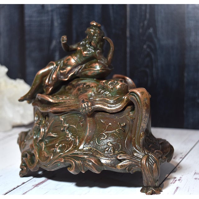 Late 19th Century Antique Art Nouveau Metal Dresser Box Casket Lady on Bear Skin Rug For Sale - Image 5 of 18