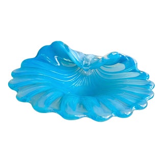 Mid 20th Century Opalescent Blue Italian Art Glass Seashell Bowl by Cenedese Murano Vetri For Sale