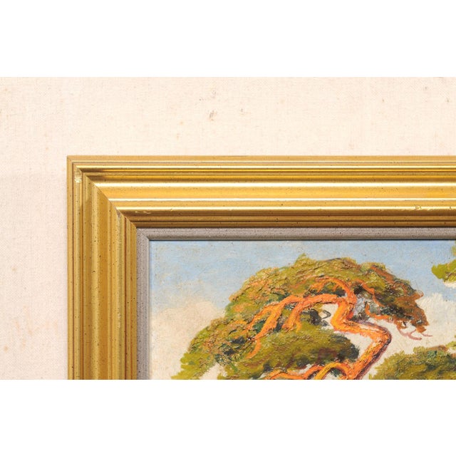 Sky Blue Mid 20th Century Swedish Coastal Painting W/ Wind Swept Trees For Sale - Image 8 of 13
