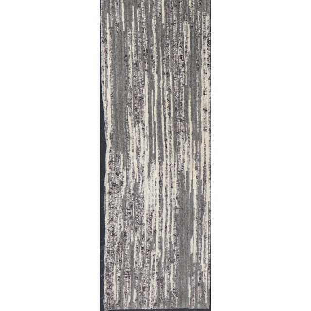 Modern Runner With Vertical Linear Design in Charcoal Grey and Ivory 2'2 X 14'1 For Sale - Image 9 of 12