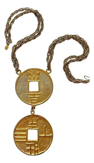 Kenneth Jay Lane KJL Chinese Modern Faux Double Coin Disc Necklace 1970s