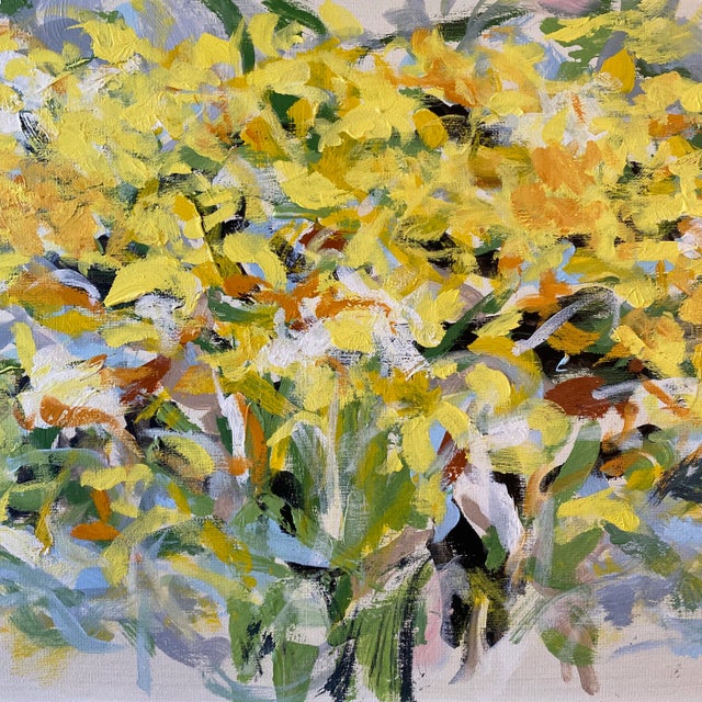 Abstract floral acrylic painting in sunny, uplifting colors. Painted by Texas artist, Jill Pavlas, and custom framed in a...