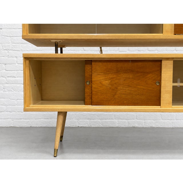 Wood Mid Century Modern Wall Unit / Double Credenza + Mirrored Bar + Lights, C. 1960’s For Sale - Image 7 of 14