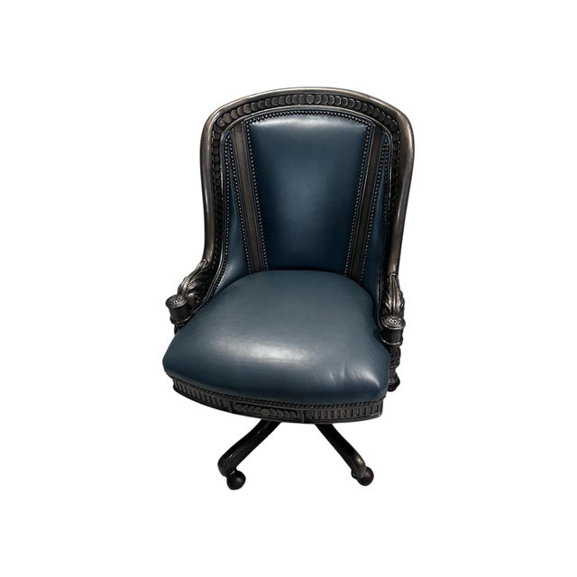 Traditional Late 20th Century Hancock and Moore Intricately Carved Blue Swivel Office Chair For Sale - Image 3 of 8