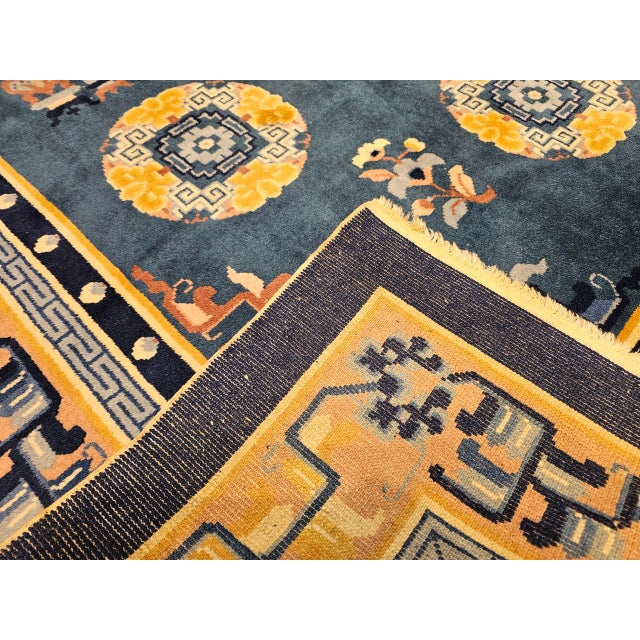Vintage Art Deco Chinese Rug, Handwoven Wool Pile, Floral Design, Blue, 6' x 8' For Sale - Image 13 of 14