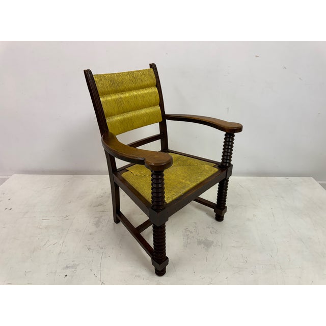French Oak and Rush Armchair attributed to Charles Dudouyt, 1940s For Sale - Image 6 of 17