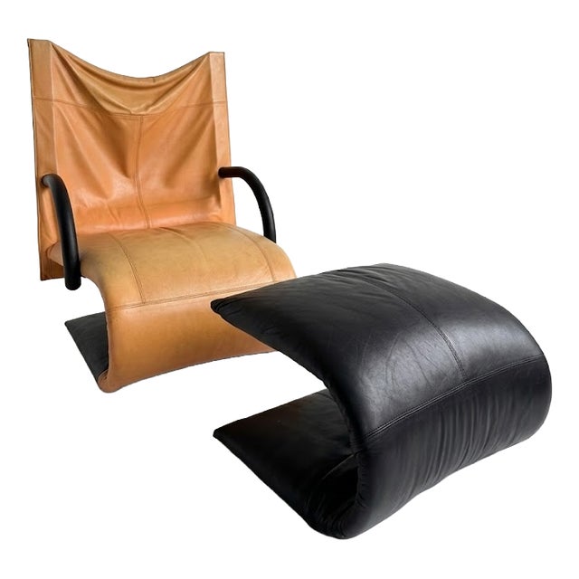 Set of Vintage Leather Lounge Chair with Ottoman from Ligne Roset, 1980s For Sale