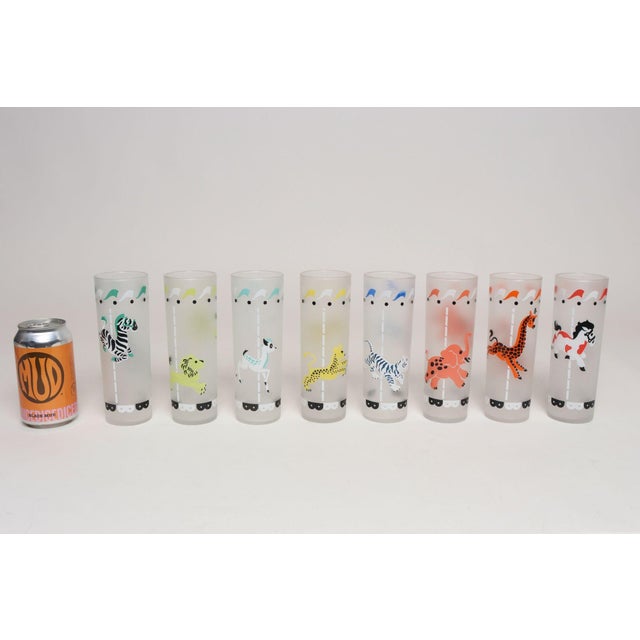Metal Set of Eight Vintage Frosted Glasses With Animal Carousel Motif by Libbey With Carrier For Sale - Image 7 of 18