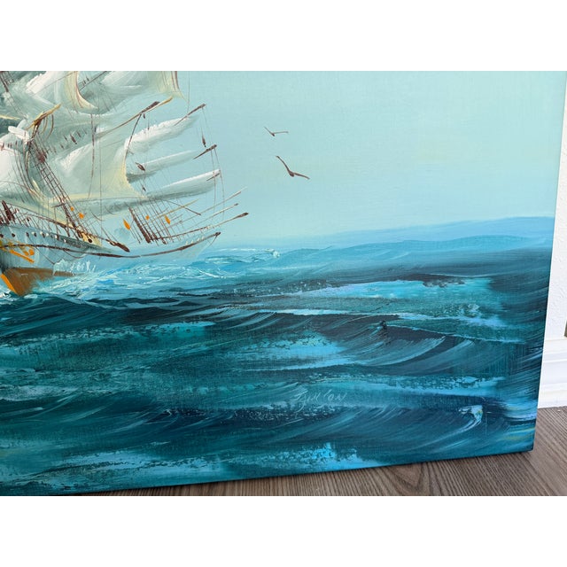 Late 20th Century Listed Artist Hewett Jackson Original Oil Painting | Tall Ship Seascape | Large For Sale - Image 15 of 15