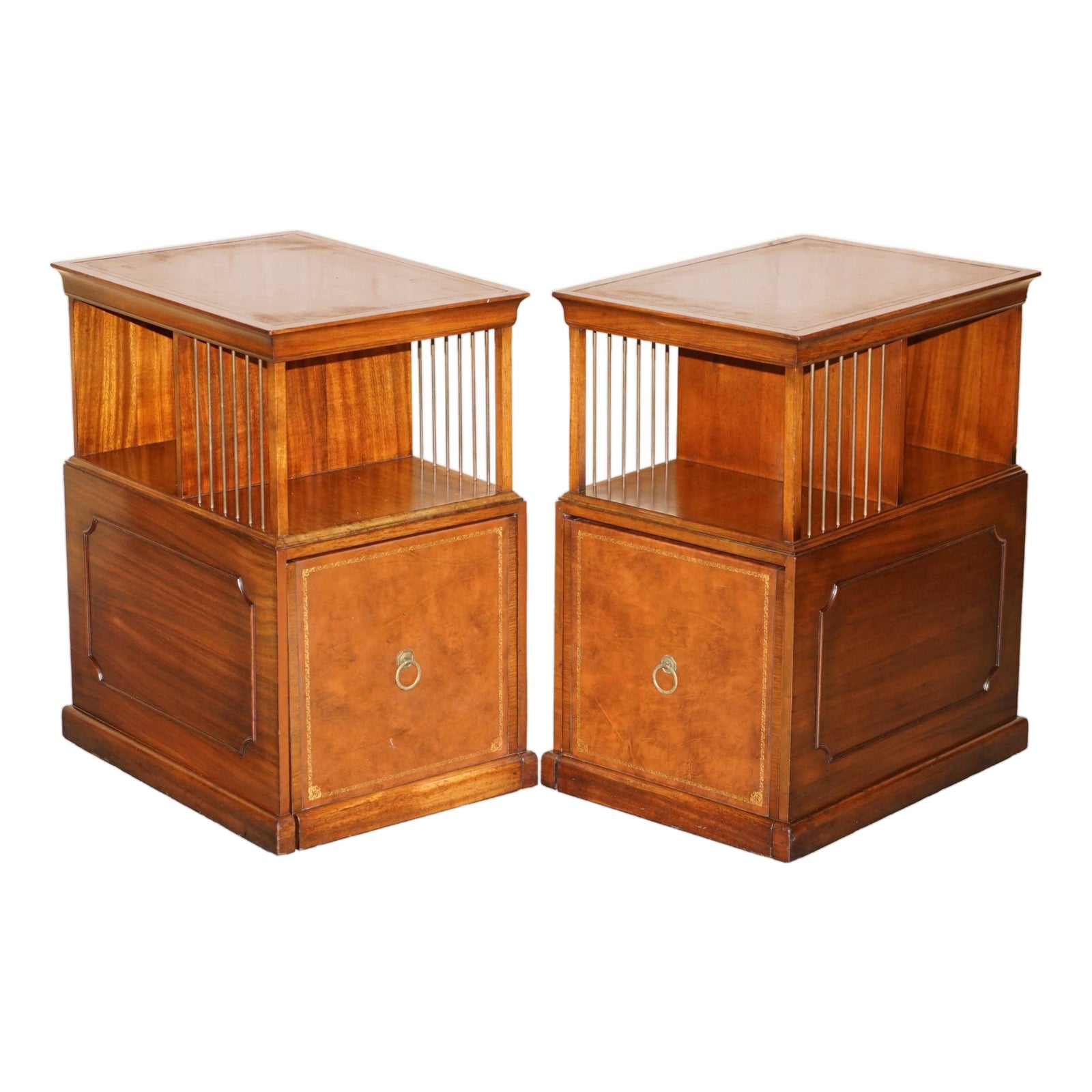 Flamed Hardwood & Brown Leather Sliding Book Tables, Set of 2 | Chairish
