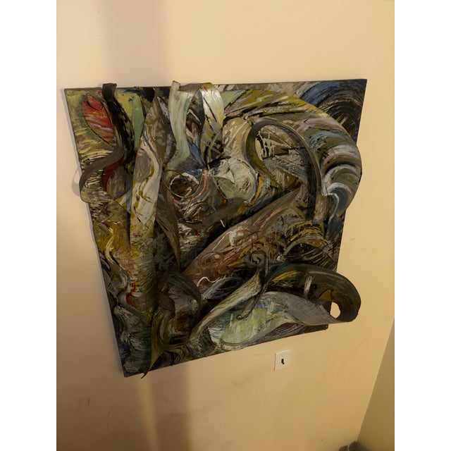 1980s Mulhern 1984 Abstract Mixed Media Wall Sculpture in Wood and Metal 40"x46" For Sale - Image 5 of 7
