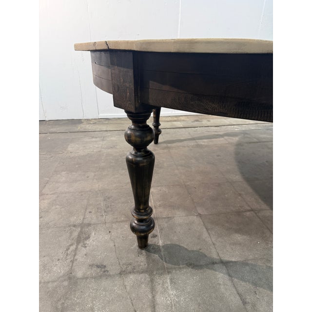 Modern Large Rustic Round Pine Dining Table With Ebonized Turned Legs For Sale - Image 3 of 7