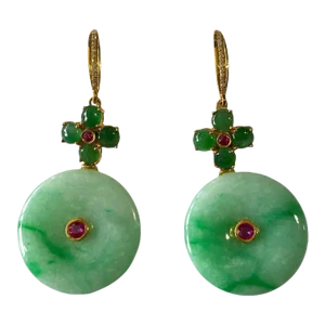 Elegant 18k Gold Jadeite Jade Art Deco Earrings W/Ruby /Diamond