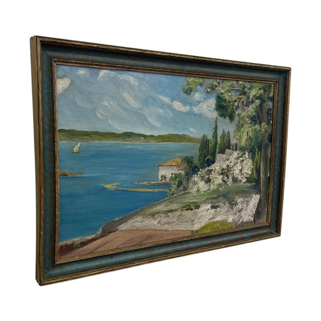 Coastal Vintage Coastal Landscape Painting in Impressionist Style, Framed Seascape With Sailboat - Unknown Artist For Sale - Image 3 of 10