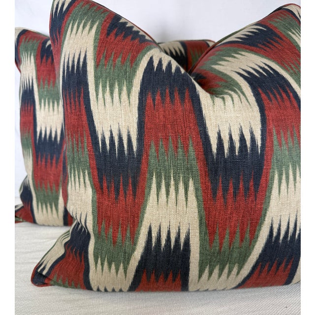Custom pair of 22" pillows covered in Thibaut "Stockholm Chevron" in color navy/red. These pillows are self welted, have...