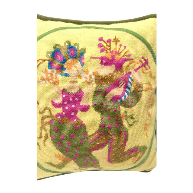 Vintage Handmade Needlepoint Pillow in Yellow with Victorian Green Jesters For Sale In Greensboro - Image 6 of 9