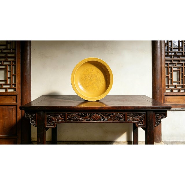 Art Deco Early 20th Century Chinese Ceramic Plate,Hongzhi Marked Yellow Glaze Porcelain Plate Hand Carved Dragon Pattern For Sale - Image 3 of 10