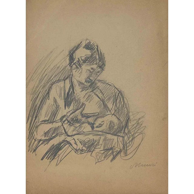 Mother and Child is an original Pencil Drawing realized by Mino Maccari in mid-20th century. Good condition on a yellowed...