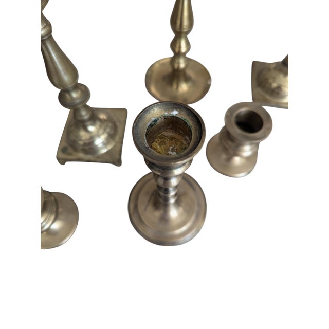 Vintage Brass Candlestick Holders for Thanksgiving Tablescape- Set of 8 For Sale In Charlotte - Image 6 of 8