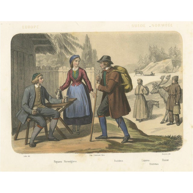 After Leloir, Swedish and Norwegian Costumes, Peasants, Laplanders and Reindeer, 1845, Lithograph For Sale