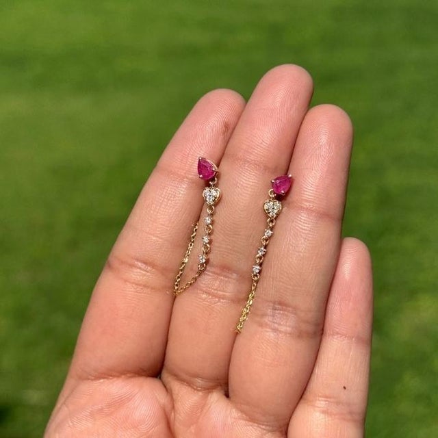 Contemporary Pear Cut Red Ruby & Diamond Chain Earrings in 14k Yellow Gold- A Pair For Sale In New York - Image 6 of 13