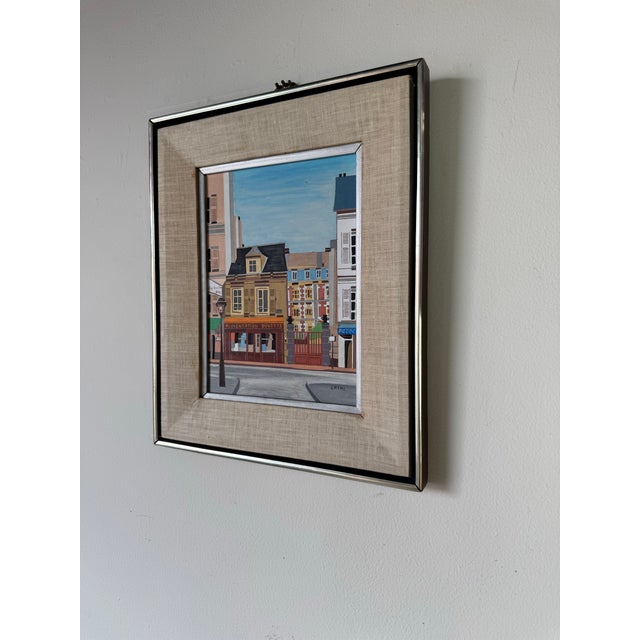 Vintage Lilian Latal Folk Art Cityscape Oil on Masonite Painting For Sale - Image 4 of 11