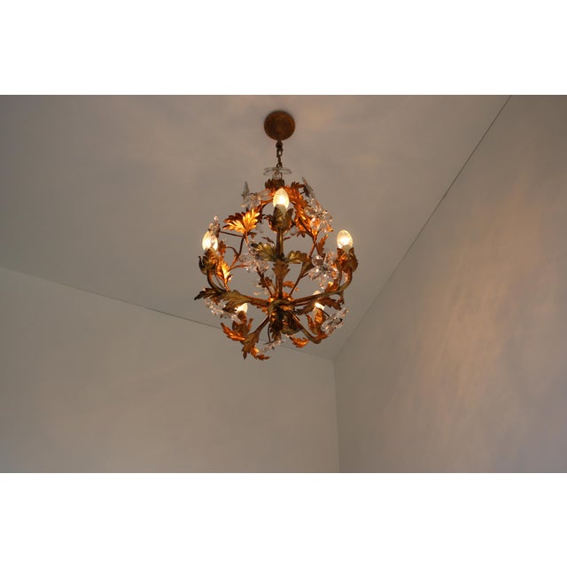 Gold Mid-Century Modern Italian Tôle Chandelier with Crystal Flowers, 1950s For Sale - Image 8 of 13