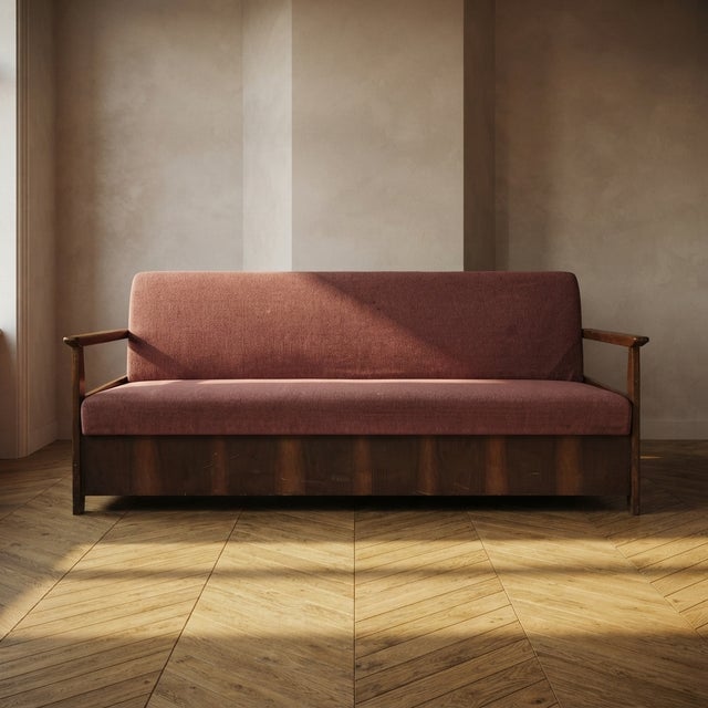 1960s Mid-Century Modern Burgundy Folding Sofa Bed from Edmund Homa, Czechoslovakia, 1960s For Sale - Image 5 of 15