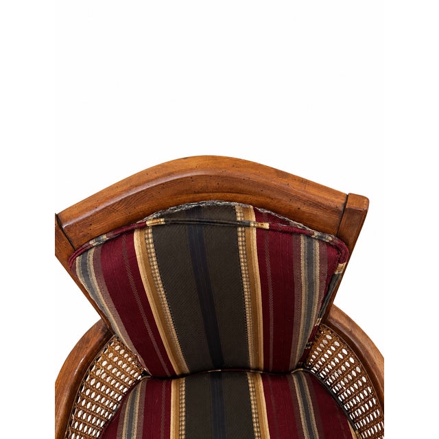 Vintage French Provincial Cane and Striped Upholstered Armchairs — Pair For Sale - Image 11 of 11