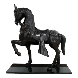 Vintage Chinese War Horse with Ornate Designs Patinated Bronze Metal Sculpture S