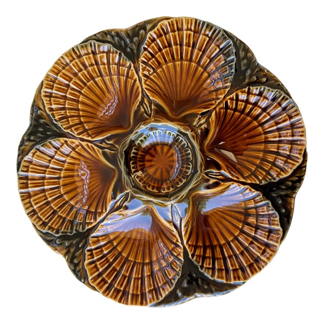 Majolica Oyster Plate by Sarreguemines, France, Circa 1950 – Brown Glazed Shell Design For Sale