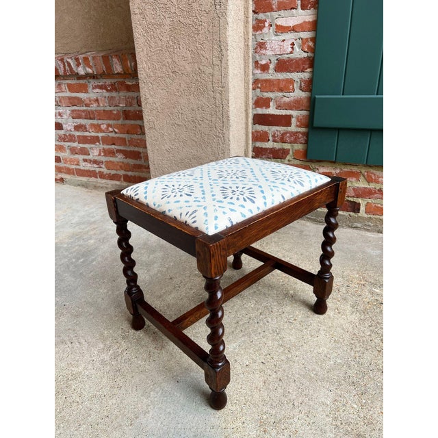 English Antique English Oak Barley Twist Stool Bench Jacobean Revival Upholstered C1910 For Sale - Image 3 of 18