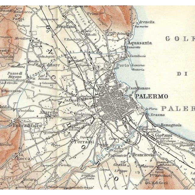 Circa 1900 fold out map of Palermo, Sicily, Italy from an Italian travel atlas. Combined shipping available, please inquire.