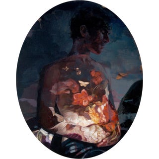 The Glow I by Meghan Howland | Oil Painting of a figure with floral projections on their body For Sale