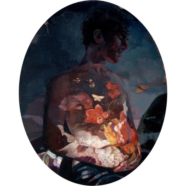 The Glow I by Meghan Howland | Oil Painting of a figure with floral projections on their body For Sale