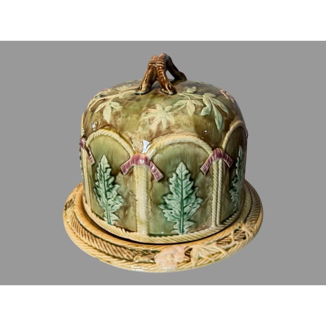 Vintage Antique Majolica Pottery Floral Decorated Cheese Keeper Dome with Base In good original condition, showing typical...