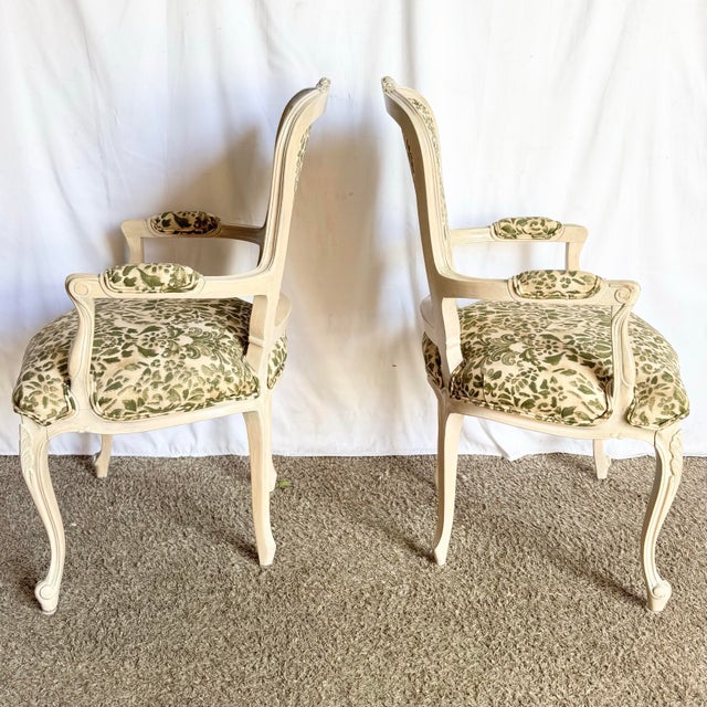 French Provincial French Provincial Style Foliage Patterned Arm Chairs - A Pair For Sale - Image 3 of 9
