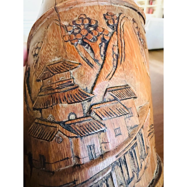 Antique Chinese Carved Bamboo Brush Pot Bitong Qing Dynasty Scholar Landscape 6.5" For Sale - Image 10 of 14