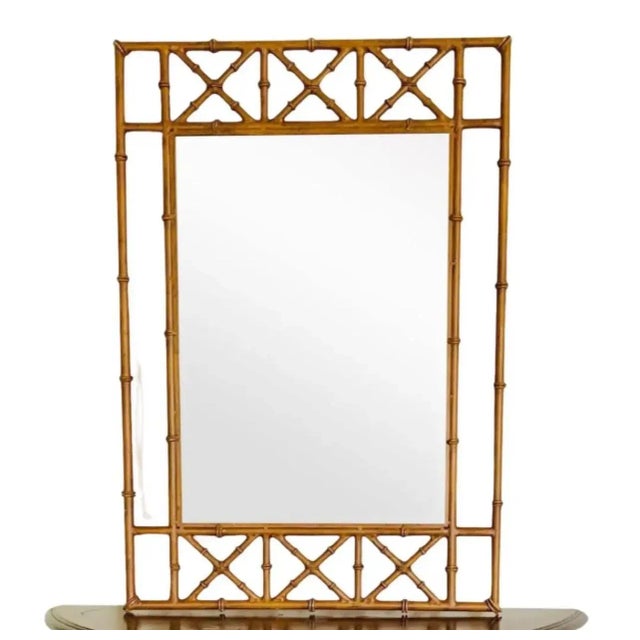 Campaign Vintage Burnt Faux Tortoise Bamboo Console Table With Wall Mirror – Palm Beach Chinoiserie Style, Set of 2 Pieces For Sale - Image 3 of 11