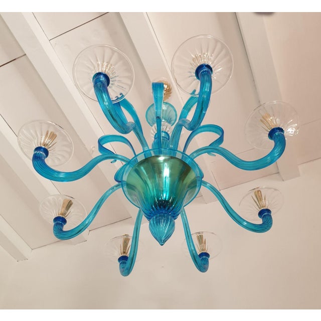 1980s Venini Style Blue Murano Glass Neoclassical Chandelier For Sale In Dallas - Image 6 of 12