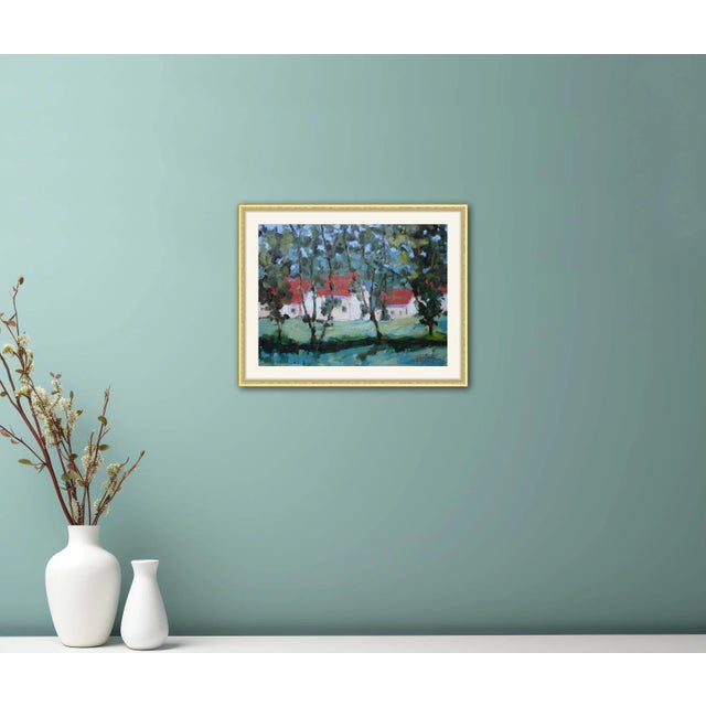 Textile Red Roofs, Through the Trees Impressionist Oil Painting Landscape For Sale - Image 7 of 7