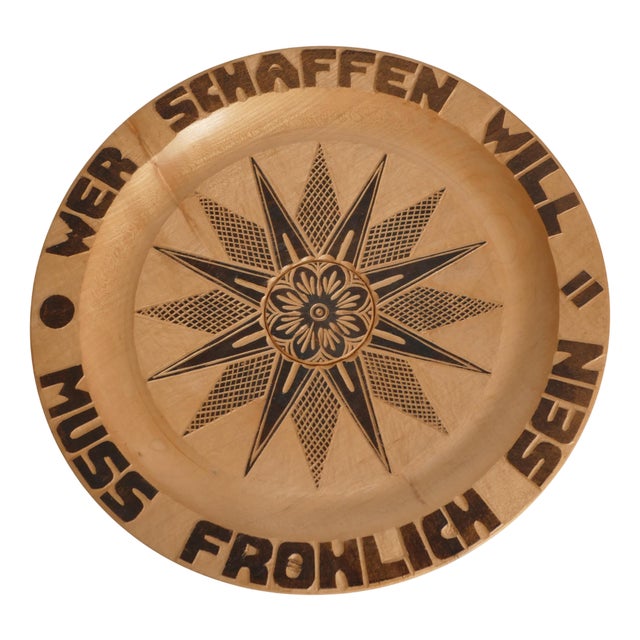 Decorative Hand-Carved Wooden Plate with Pyrography, 1960s For Sale
