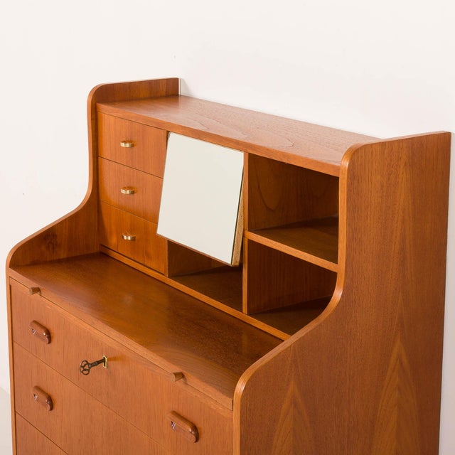 Danish Modern Teak Secretaire with Brass Details and Hidden Vanity, 1960s For Sale - Image 11 of 18