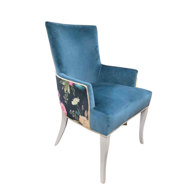 Twin blue velvet side chairs with a custom printed floral peacock feather print on the back. Newly upholstered and painted...