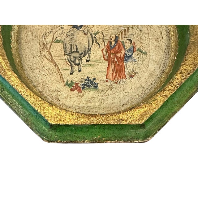Chinoiserie Vintage Italian Chinoiserie Green & Gilt Octagonal Vide Poche / Catchall / Tray / Trinket Dish by Florentia For Sale - Image 3 of 5