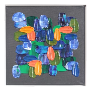 August Day - Impasto Thick Paint Colorful Abstract Painting With White Frame Original Artwork by Shiri Phillips For Sale